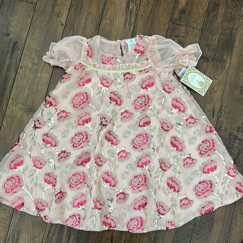 DISNEY Beauty & The Beast Princess Belle Sequin Rose Dress Belle Girl Size NWT